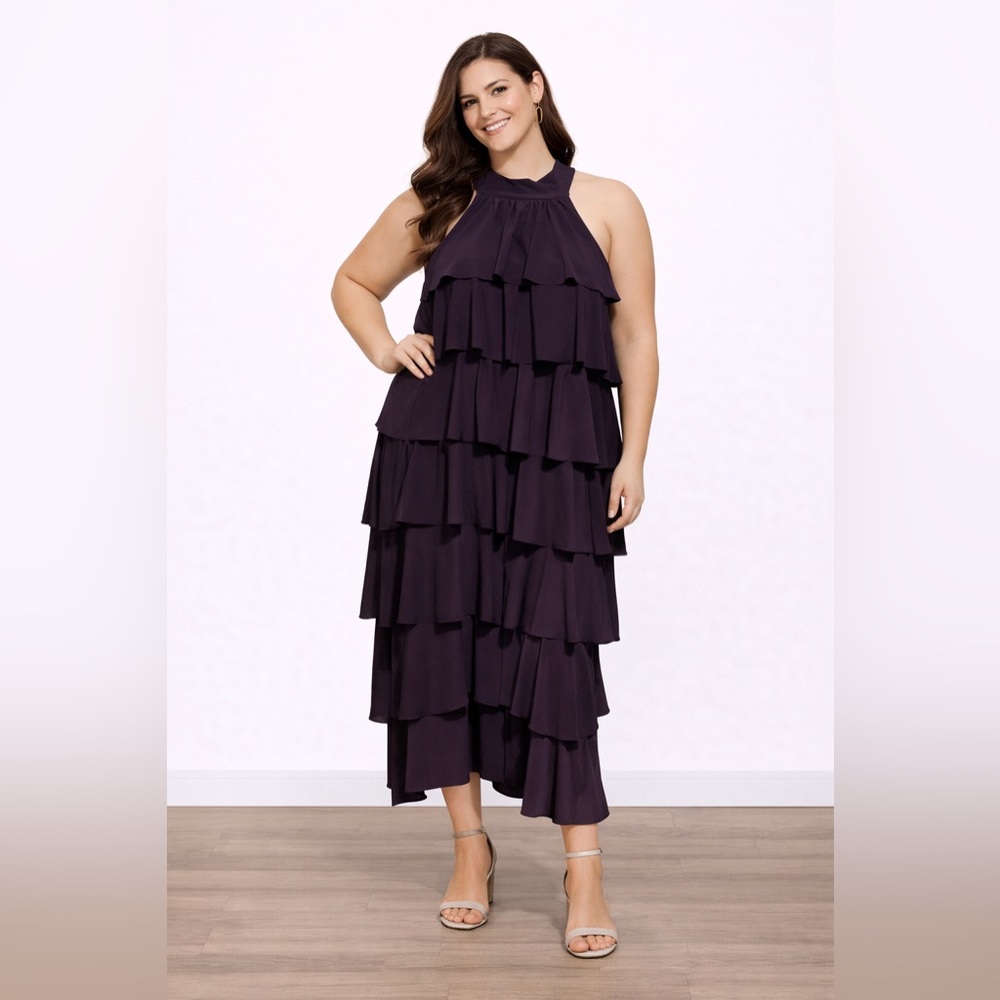 Susan Lawrence Dark Plum Tiered Halter Maxi Dress
